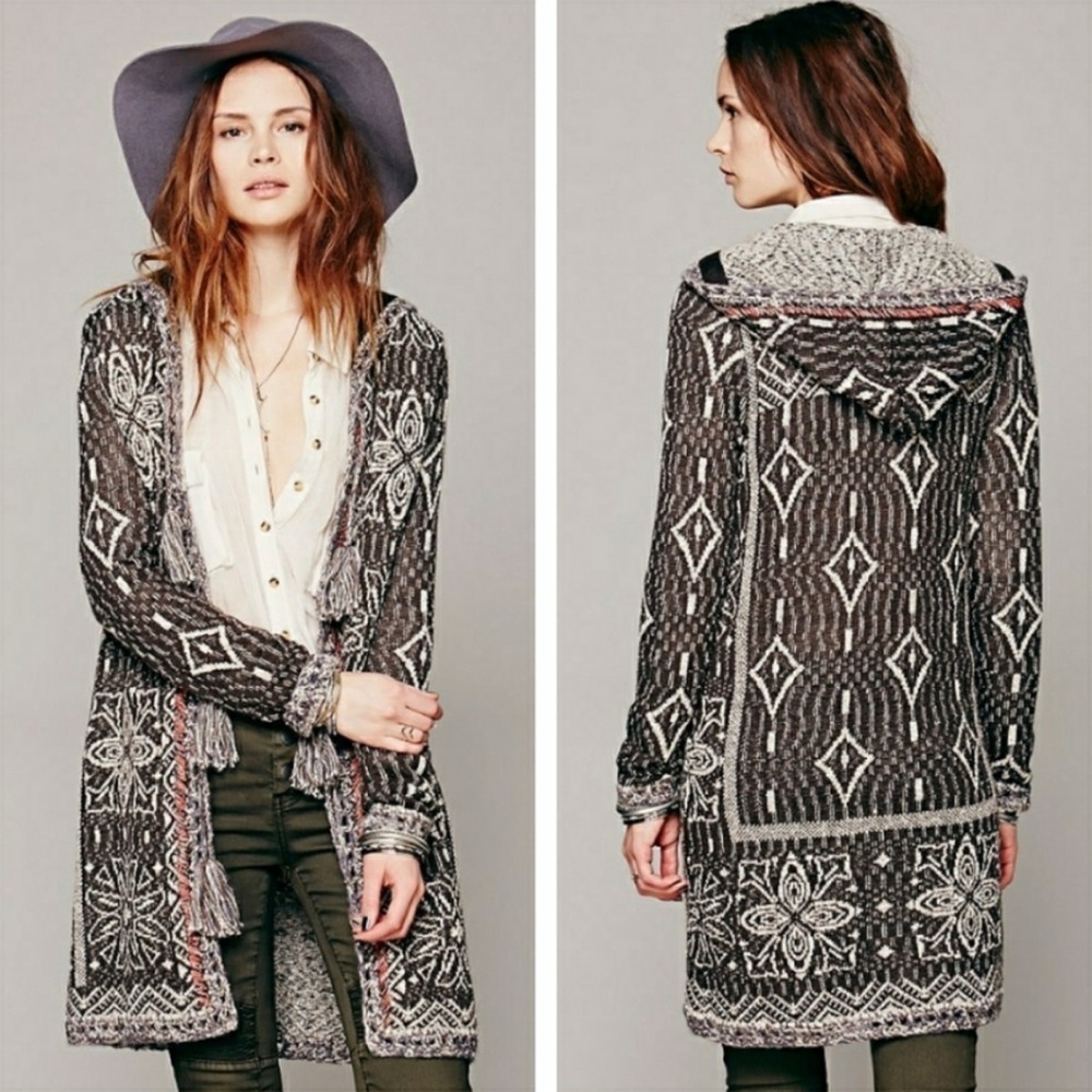 Free People Hooded Long Cardigan Sweater Kai Tassel Pom Tapestry Boho Size XS